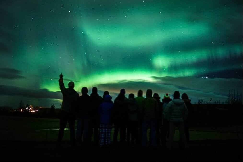 The Green Program A group of people staring up at the northern lights at night